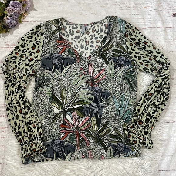 Anthropologie Bl^nk London Elephant Safari Sibley V Neck Blouse - Picture 2 of 11